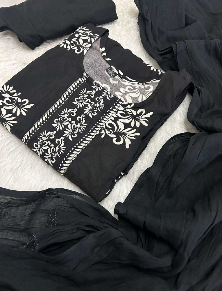 Elegant Black Kurta Set with White Print