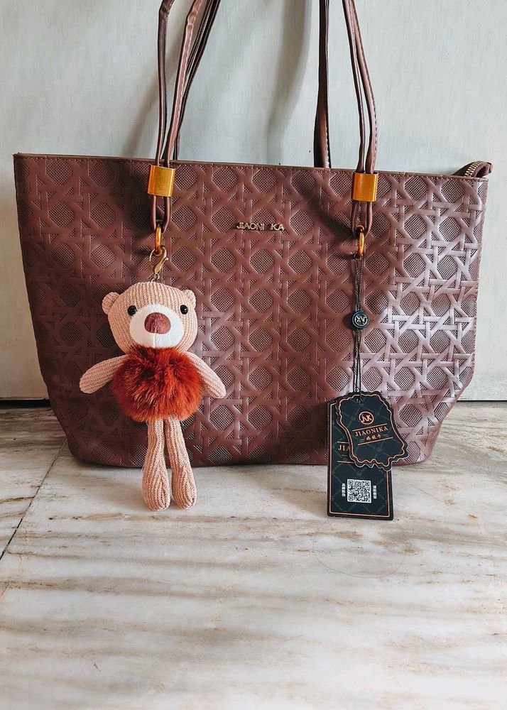 🆕Stylish Brown Tote Bag with Bear Charm