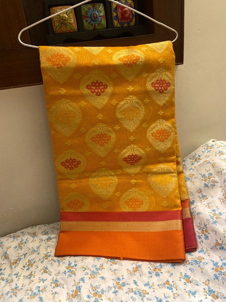 Mustard Gold &amp; Magenta Saree | Woven Floral