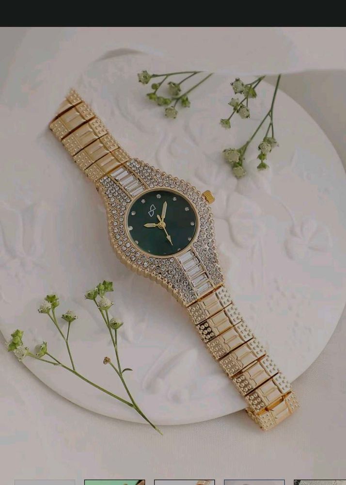 Women Embellished Round Green Dial Analog Watch