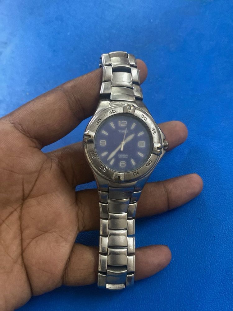Classic Silver Watch with Blue Dial