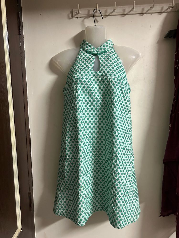 Green &amp; White Printed Ethnic Gown
