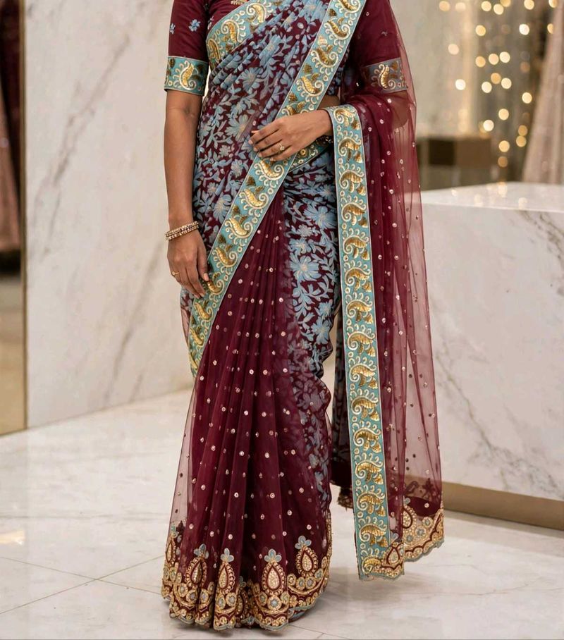 Elegant Maroon Embroidered Saree