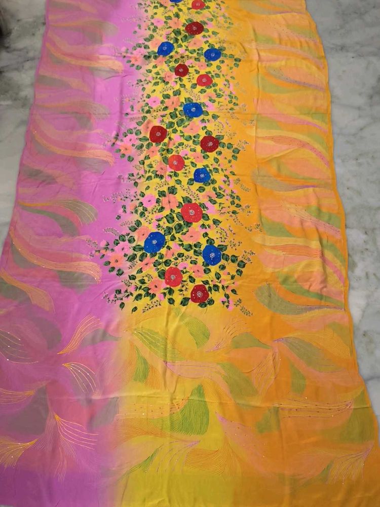 Pure Crepe Floral Hand work And Painted Sari