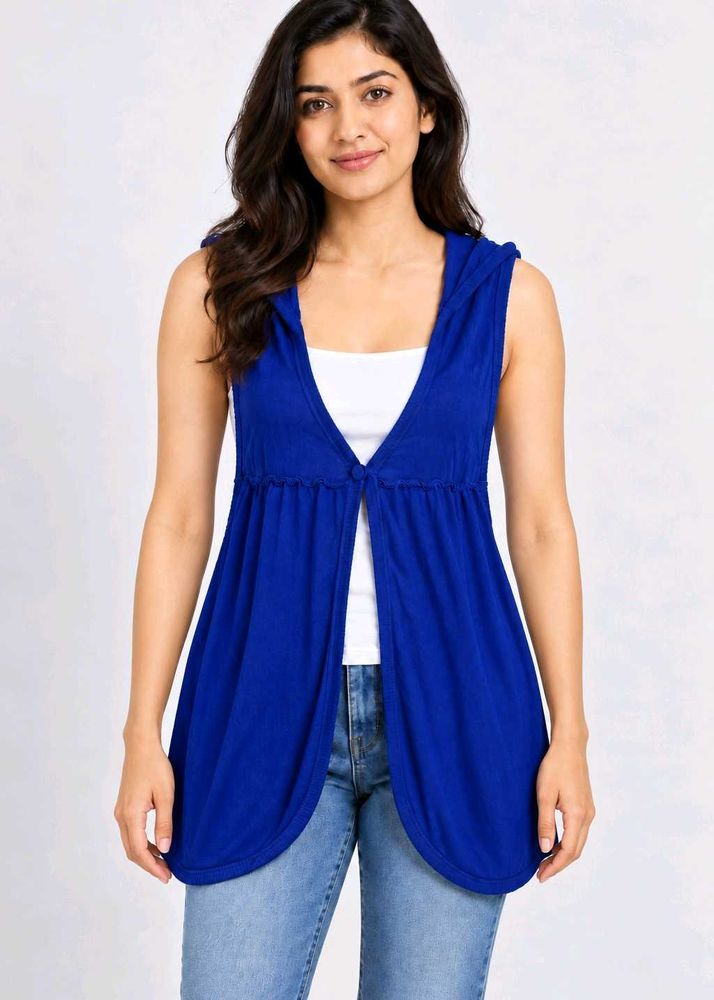Blue Sleeveless Hooded Cardigan