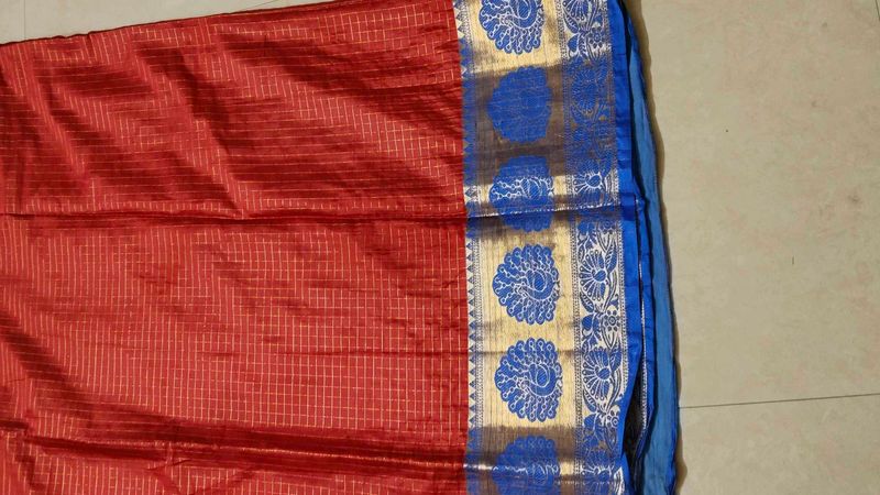 Elegant Red Silk Saree with Blue Border
