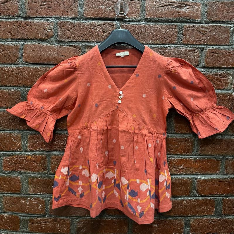 Boho Print V-Neck Top with Puff Sleeves
