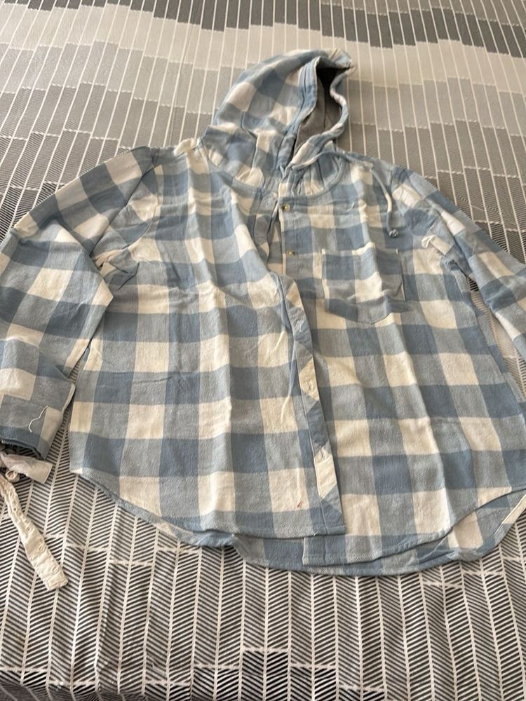 Blue &amp; White Plaid Hooded Shirt