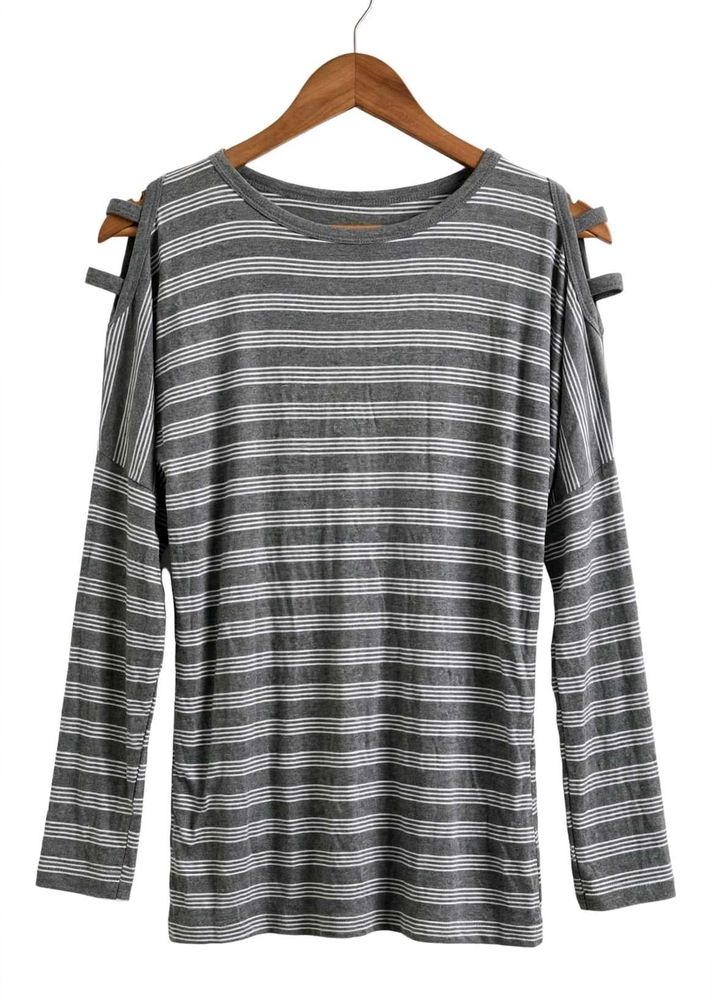 Gray Striped Cold Shoulder Top