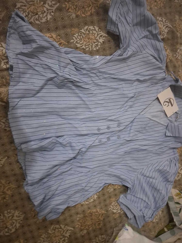 Light Blue Striped Button-Up Top