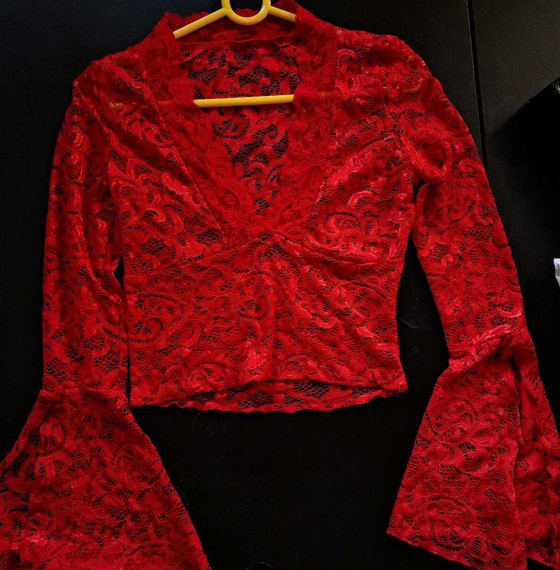 Red Lace Bell Sleeve Top