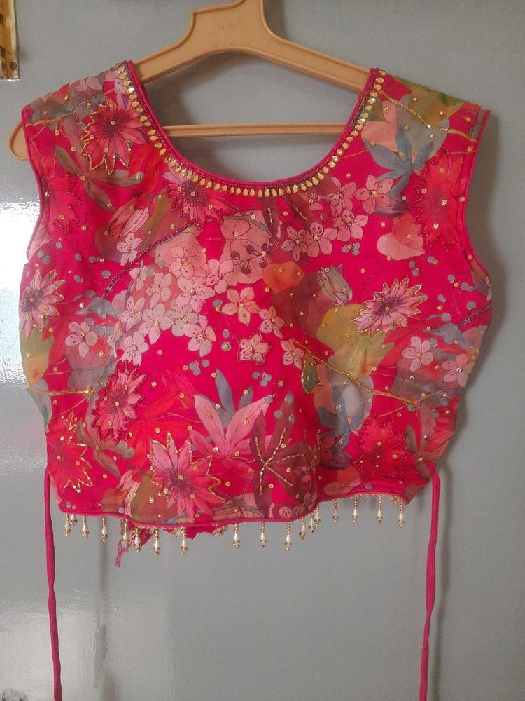Floral Embroidered pink crop top with plazzo