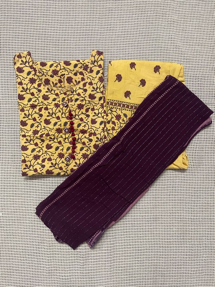 Mustard Yellow Floral Print Kurta Set with Dupatta