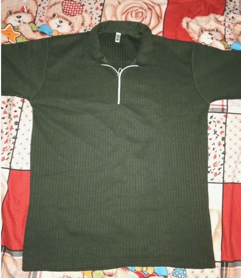 Green Ribbed Zip Neck Top