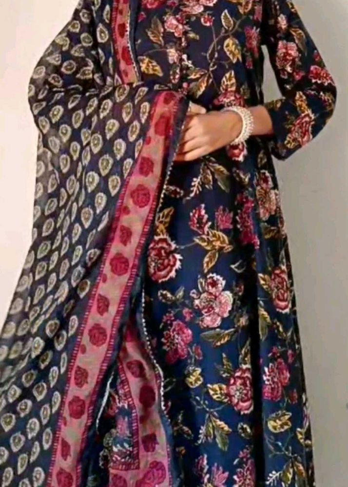 Navy Floral Kurta Set with Dupatta