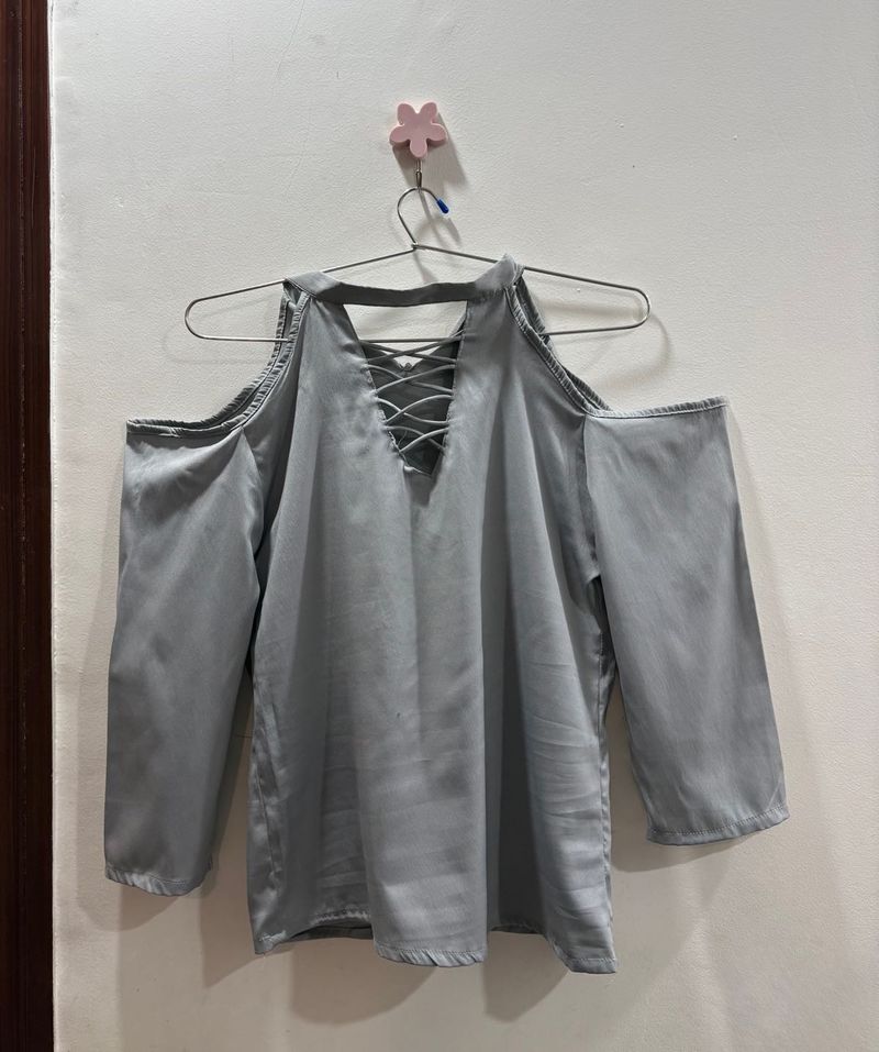 Grey Cold Shoulder Lace-Up Top