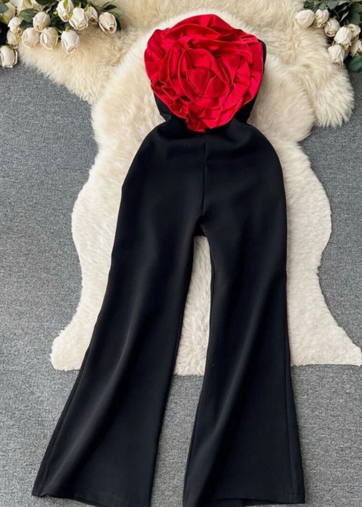 Chic Black Jumpsuit with Rose Detail