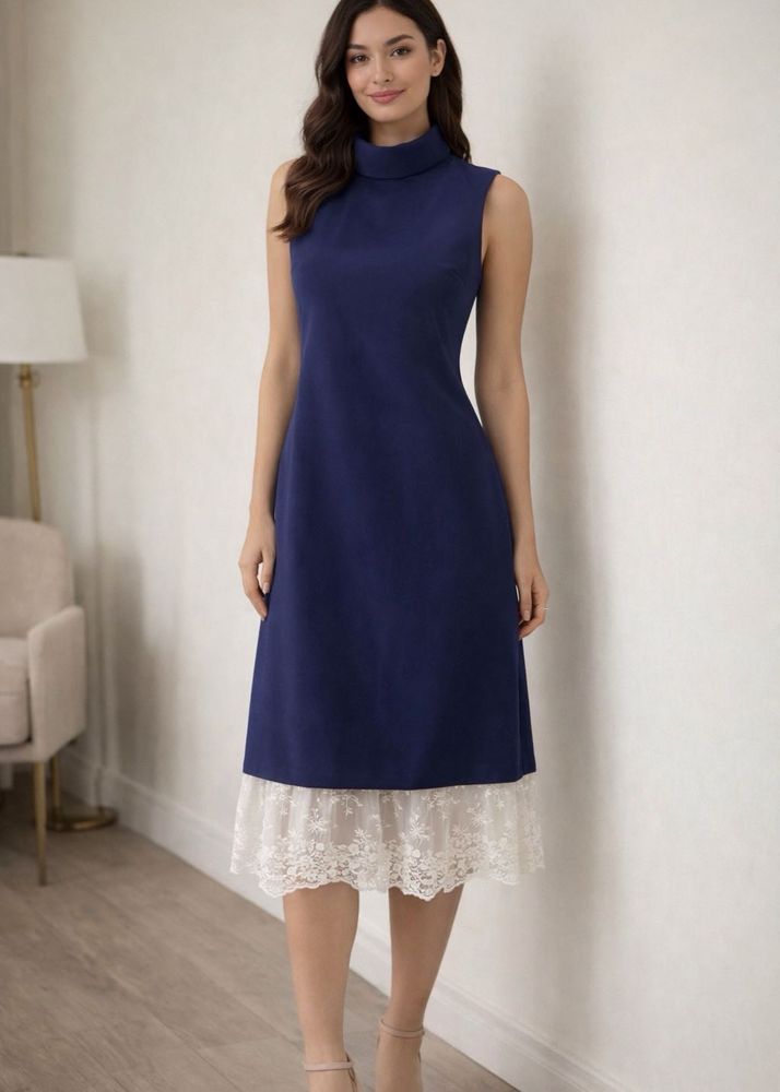 Elegant Navy Blue Turtle Neck Lace Trim Dress