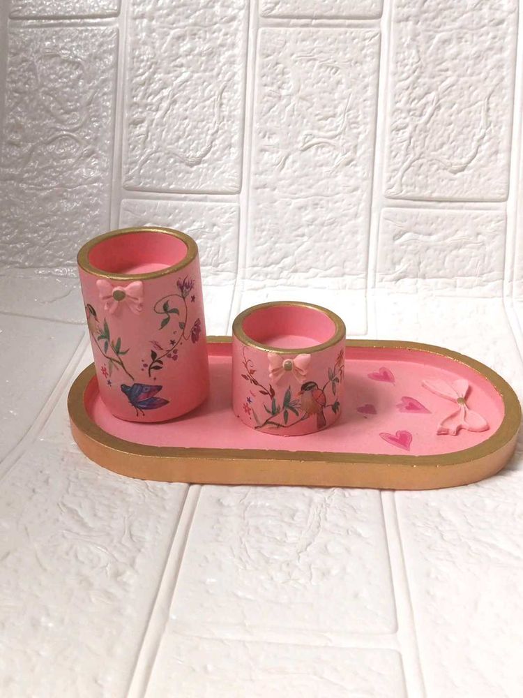 Decorative Pink Trinket Tray and candle holder Set
