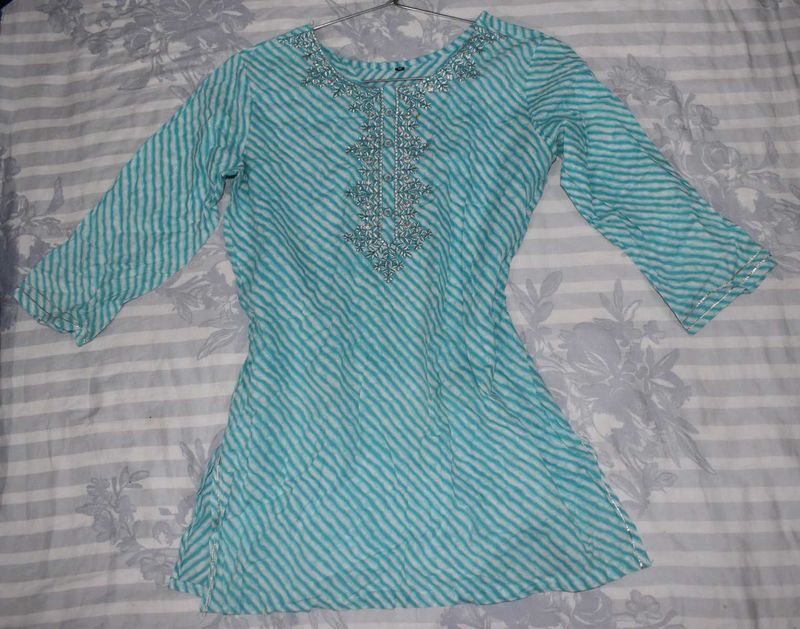 blue striped kurta with a beautiful neckline
