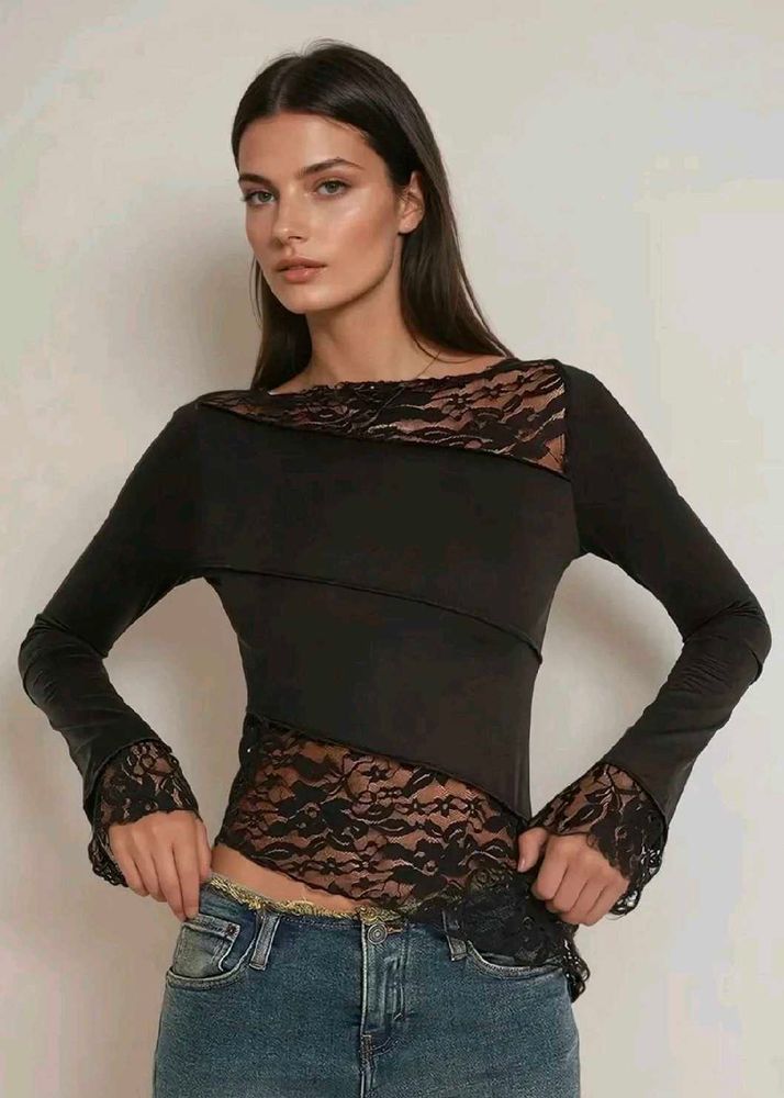 Elegant Lace Trim Long Sleeve Top