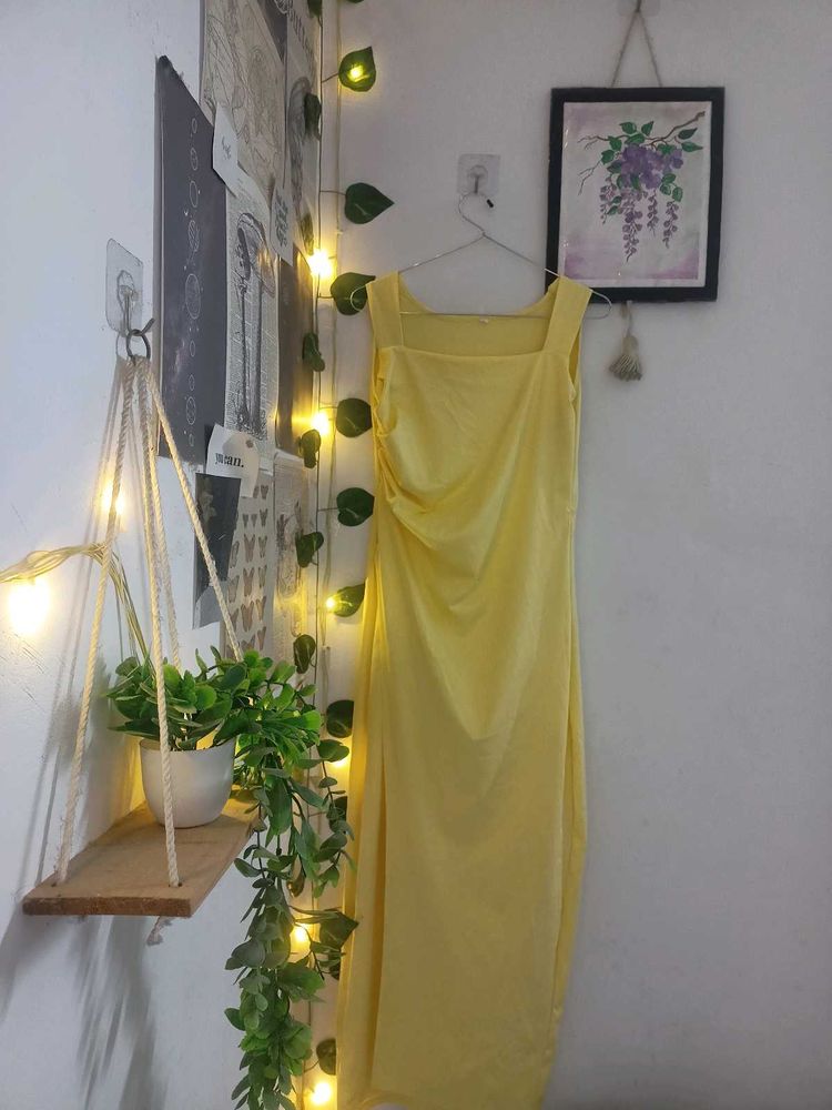Chic Lemon Yellow Square Neck Midi Dress