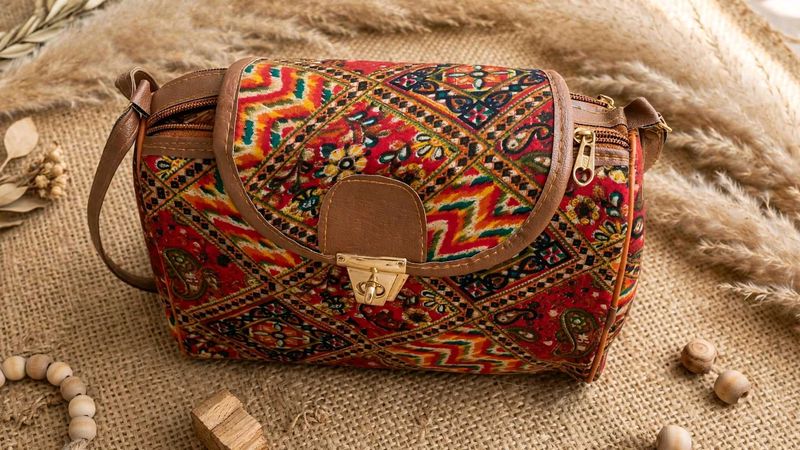 Boho Print Sling Bag with Leather Accents