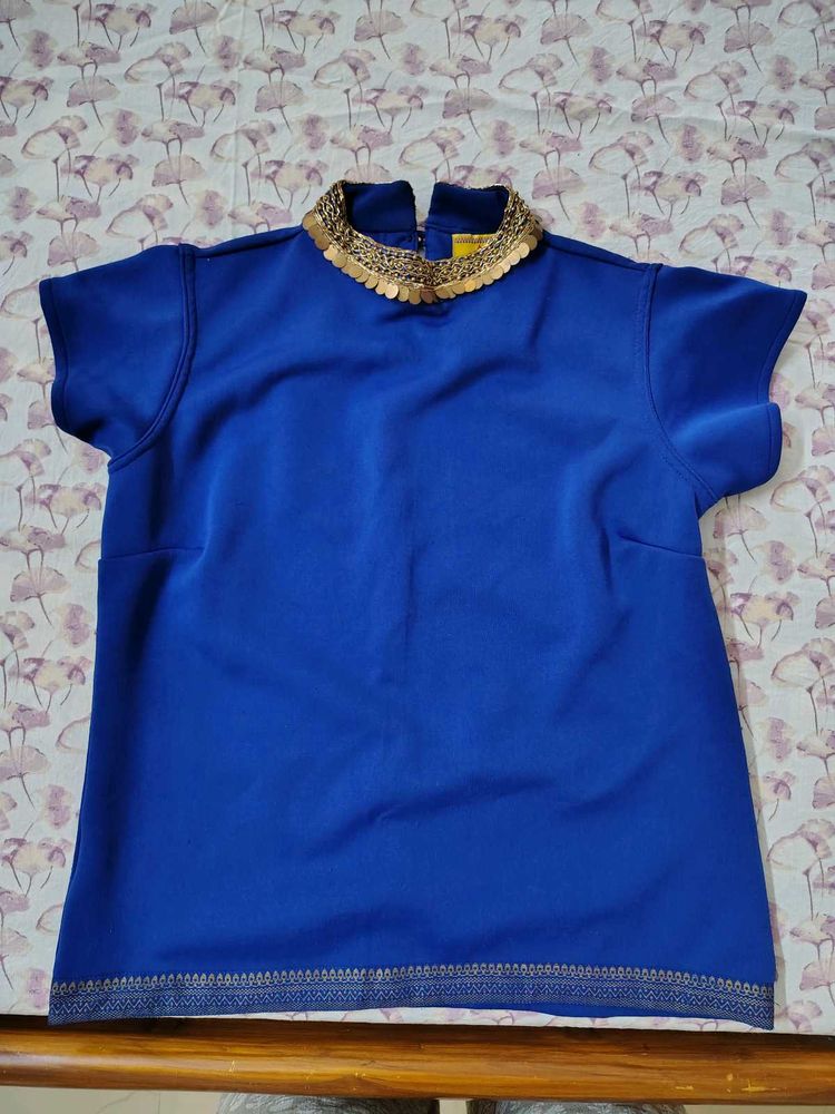 royal blue ethnic top with Embellished Collar