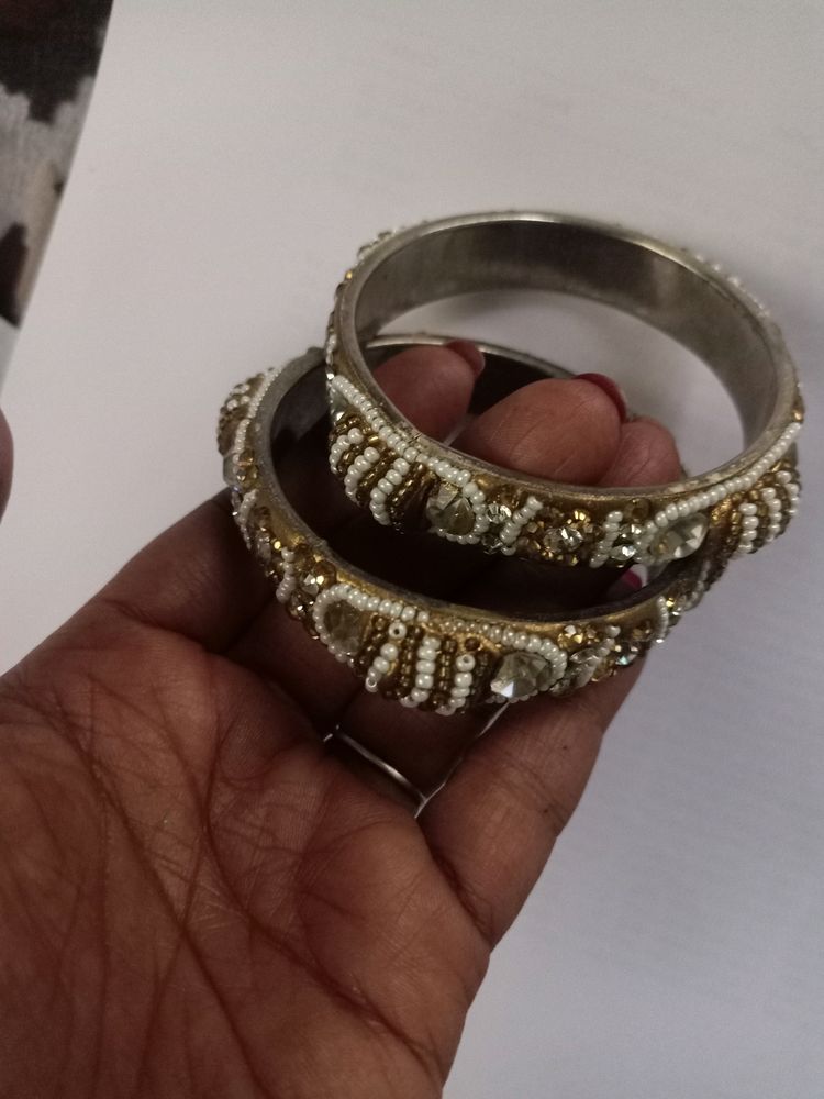 Metal Stone Bangles With Pearl