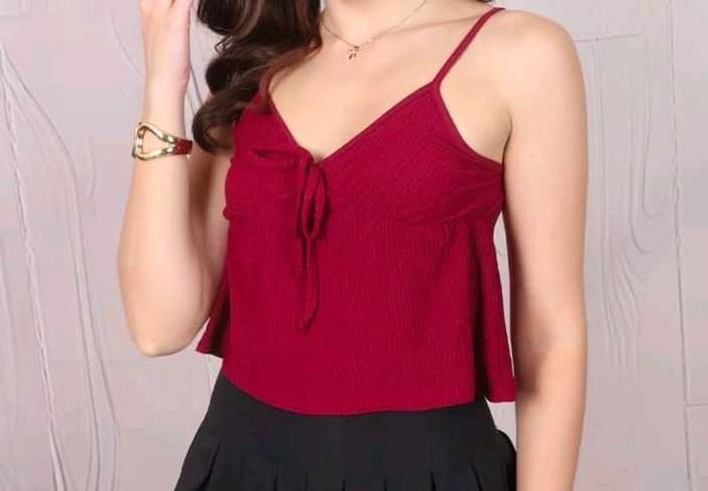 Maroon Ribbed Tie-Front Cami Top