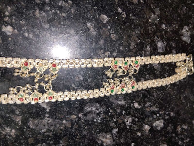 Elegant Silver Anklets with Red &amp; Green Stones