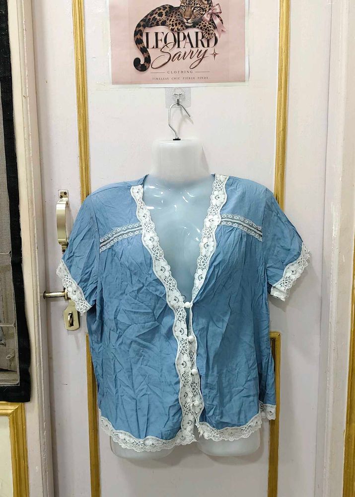 Blue Lace Trim Short Sleeve Top