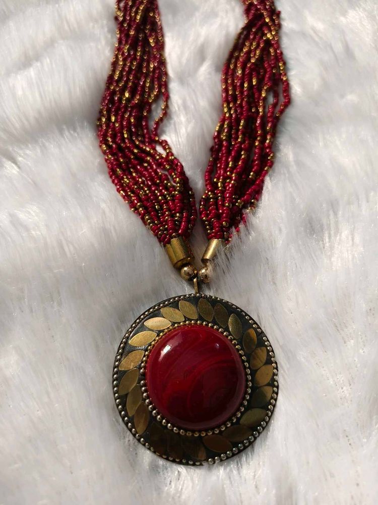 Red Beaded Necklace with Pendant
