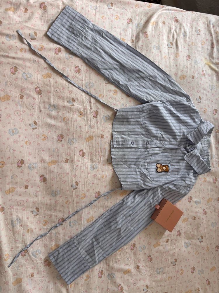 Striped Cropped Button-Up Shirt with Tie Detail