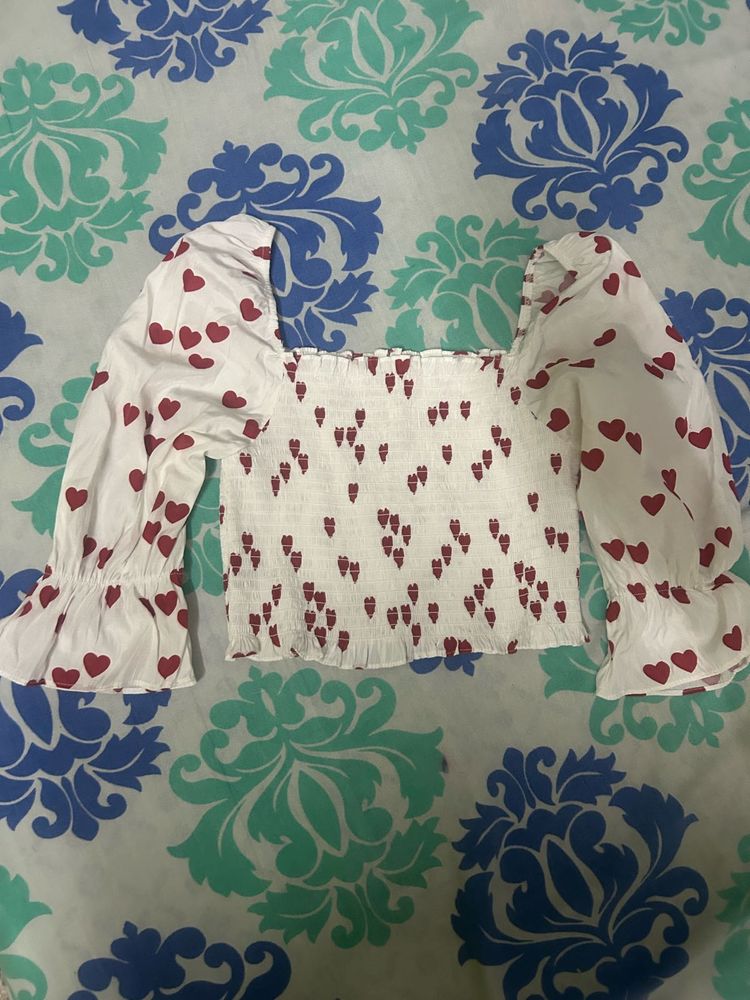 White Heart Print Square Neck crop Top