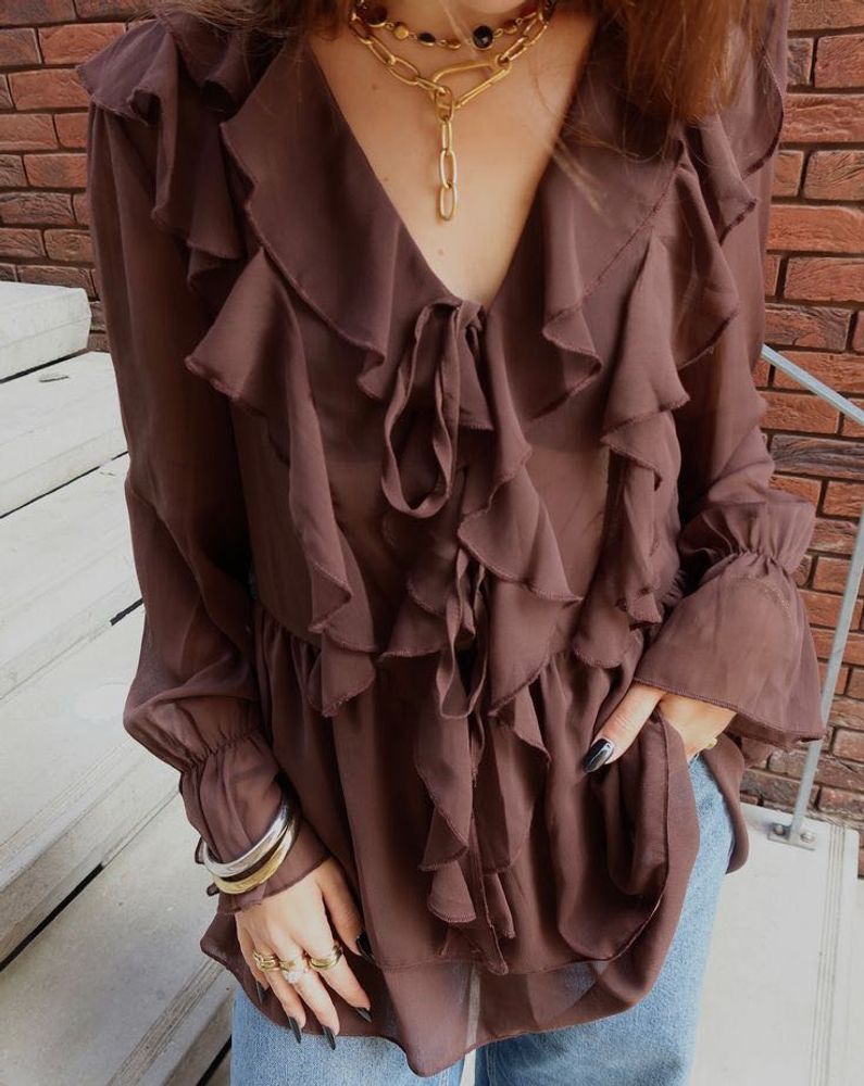 H&amp;M Boho Brown Ruffle Blouse