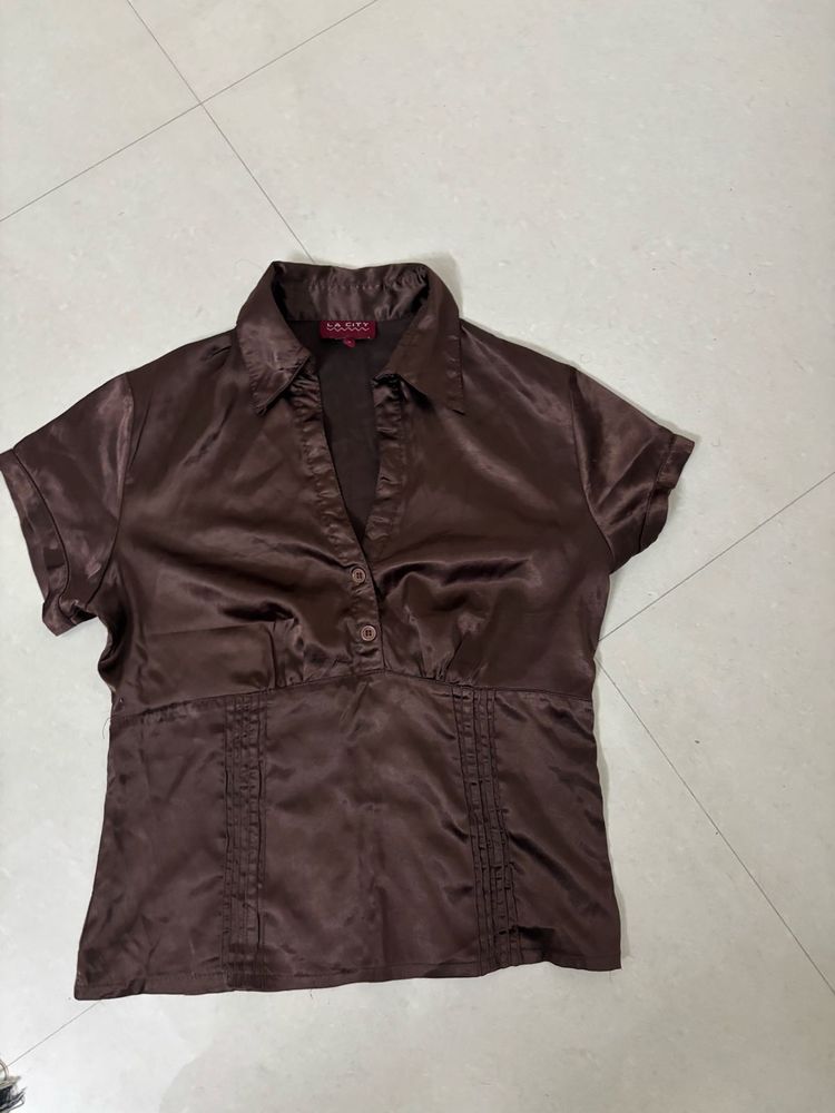 Chic Brown Satin Collared Top