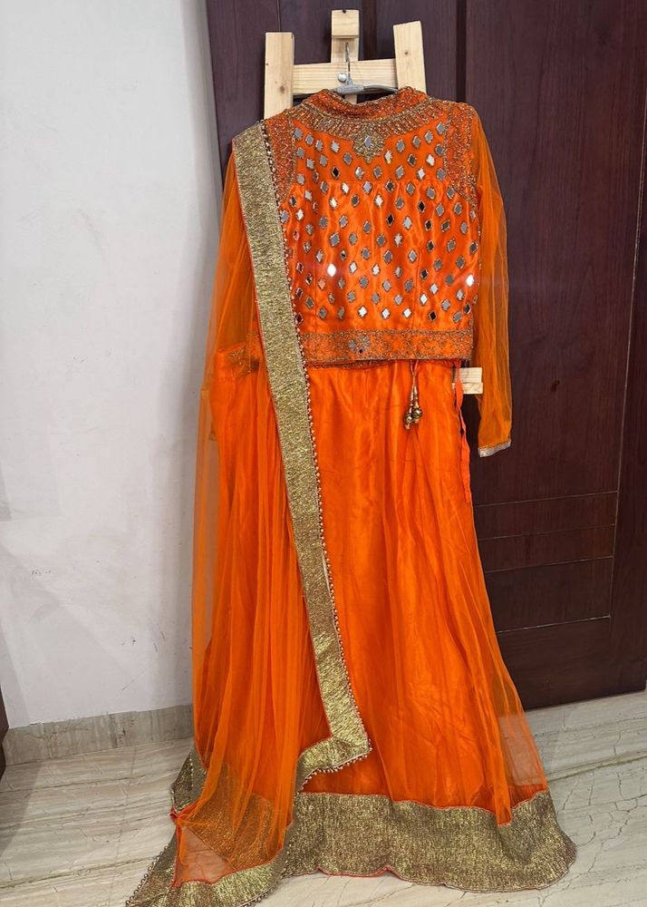 Orange Mirror Work Lehenga Choli