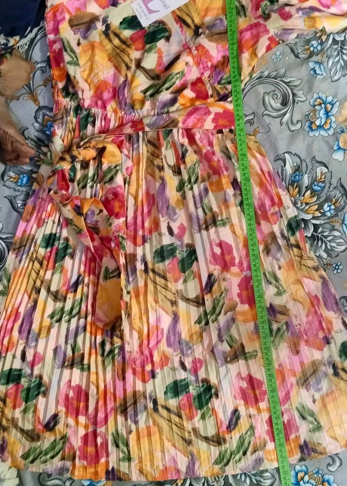 Colorful Floral Pleated Midi Dress