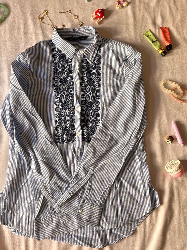 Zara Self Embroided Striped Shirt