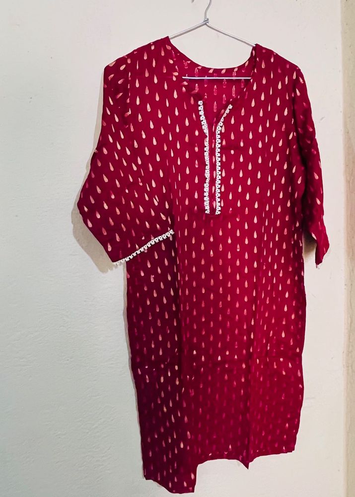 Elegant Red Kurta with Gold Print, home made