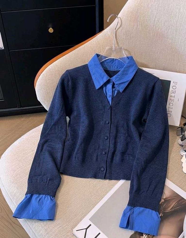 Chic Blue Knit Sweater with Layered Shirt Collar