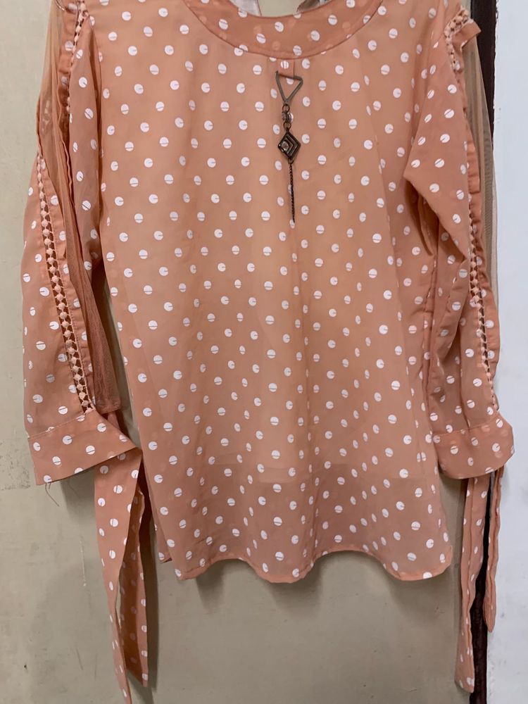 Peach Polka Dot Top with Tie Sleeves