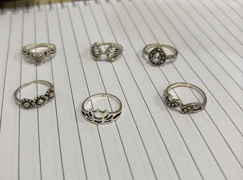 Boho Silver Tone Ring Set of 6 rings