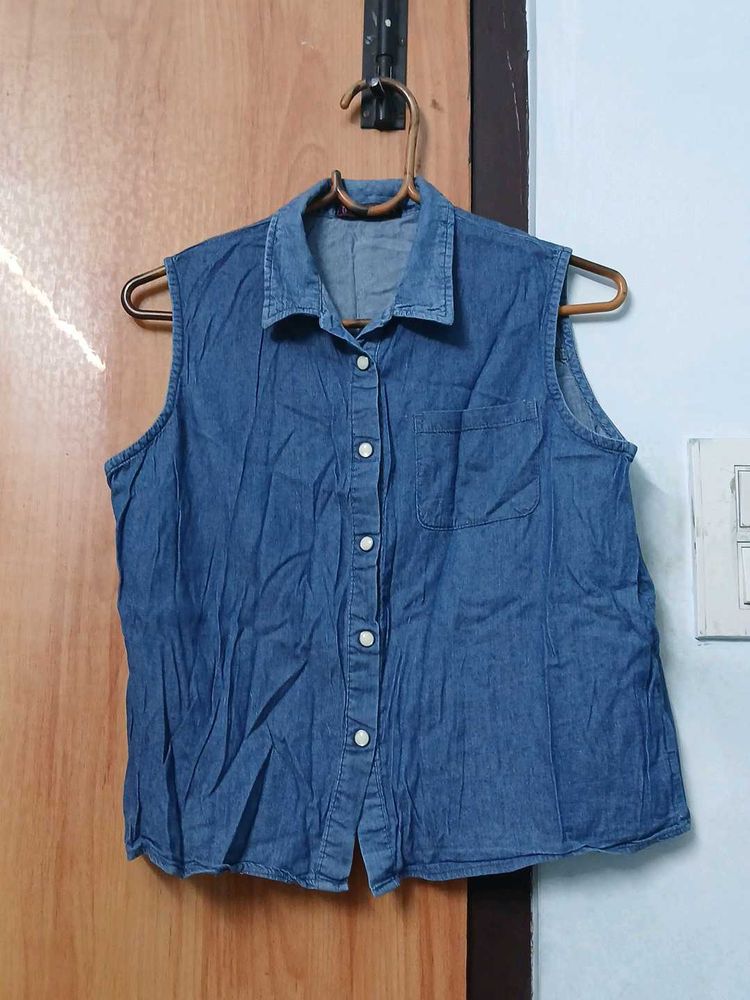 Sleeveless Denim Shirt For Girls
