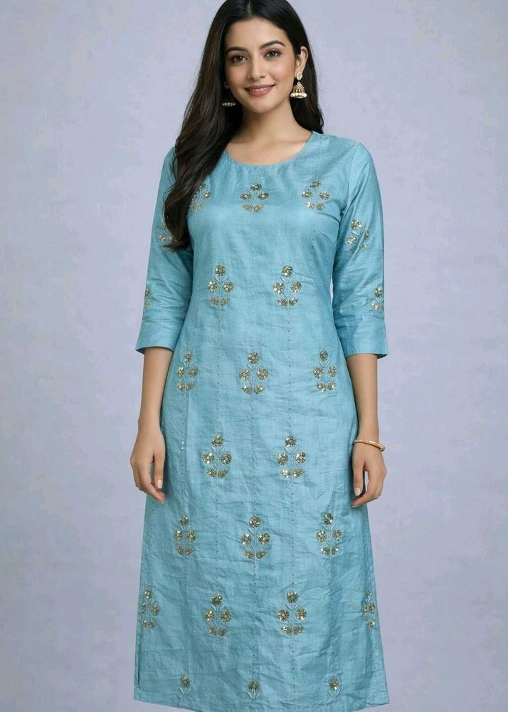Elegant Blue Embroidered chanderi silk Kurta