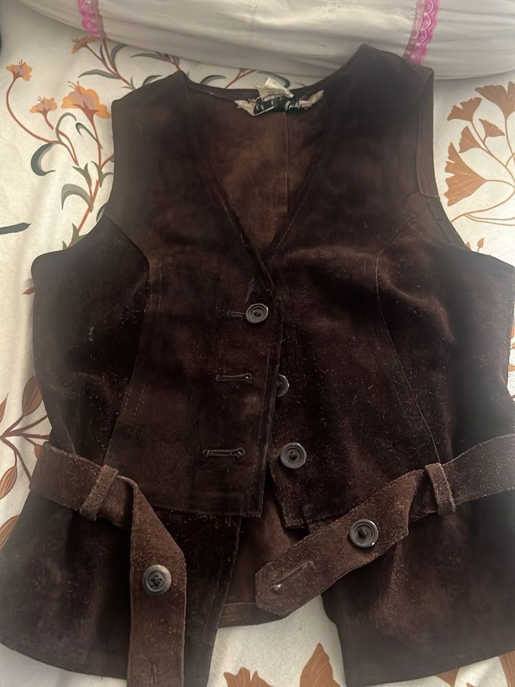 Brown Suede Vest with Belt Detail