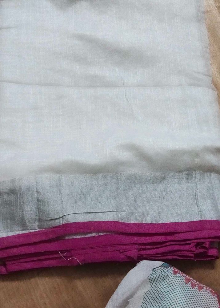 chanderi cotton White Saree with Pink  zari Border