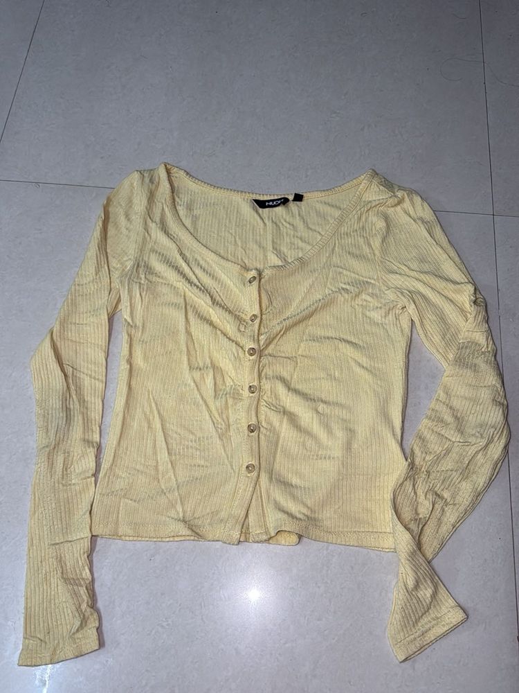 Butter Yellow Ribbed Button-Up Long Sleeve Top