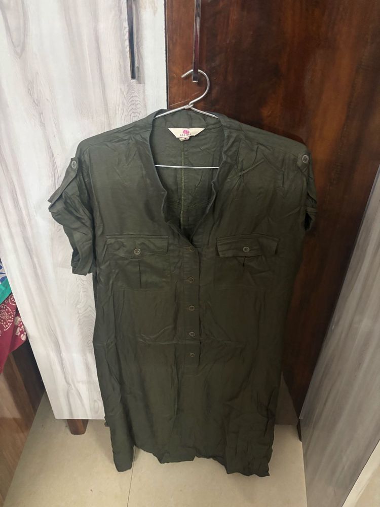 Olive Green Button-Down Shirt Dress